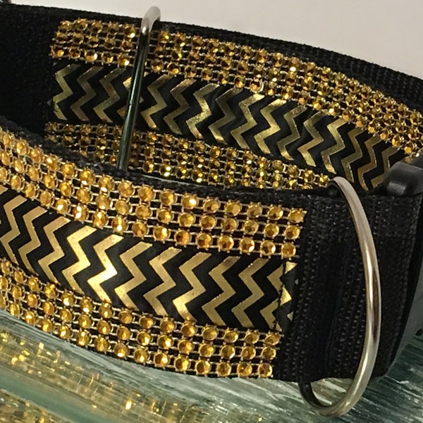 Gold Bling  and Chevron pattern Big Dog Collar  2" Wide Sparkly Glam Fancy Gift Handmade