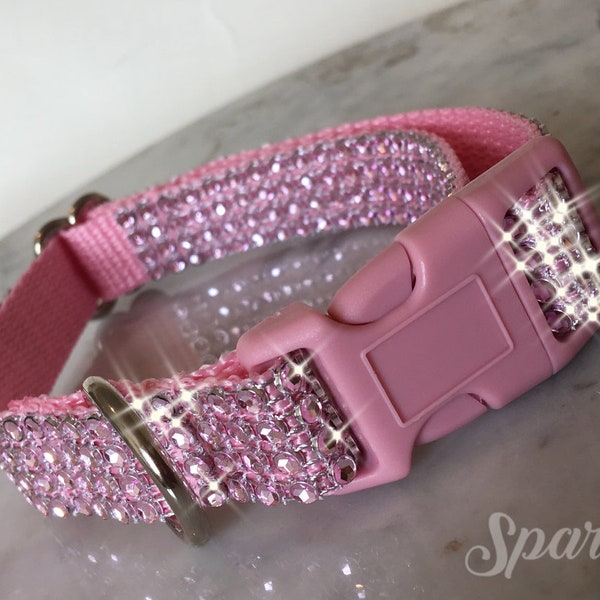 Pink Bling Dog Collar with light pink nylon, has a pink plastic buckle. Sparkling and elegant.