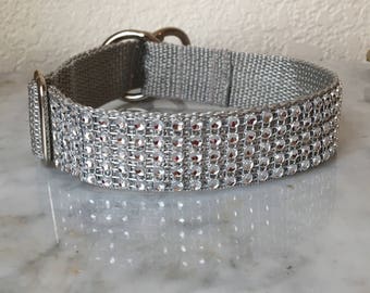 Silver Rhinestone Martingale. This Dog Collar is Grey  nylon, Adjustable whippet borzoi greyhound