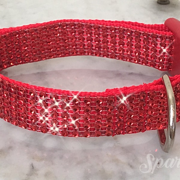 Red BLING Dog Collar, red rhinestones. Elegant and sparkly collar for your favorite guy or girl. 1" or 1.5" wide red nylon.