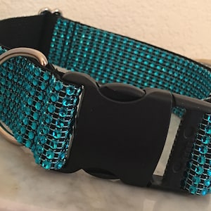 Turquoise Rhinestone Bling Big Dog Collar Sparkle Elegant Fancy Plastic Quick Release Buckle Adjustable Black Nylon Girl Boy Glam