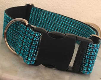 Turquoise Rhinestone Bling Big Dog Collar Sparkle Elegant Fancy Plastic Quick Release Buckle Adjustable Black Nylon Girl Boy Glam