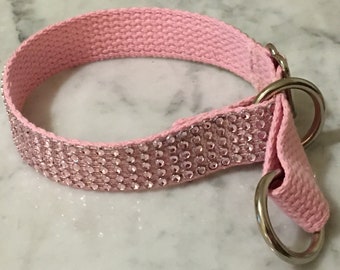 Pink Cotton Rhinestone Martingale Bling Dog Collar 1" wide whippet borzoi greyhound Girl Boy Train Control  Crystal  Glam Fancy