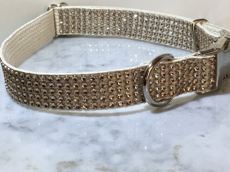 READY TO  SHIP Champagne Rhinestone Bling Dog Collar Fits 14-20 Natural Cotton Metal Buckle Sensitive Skin  Adjustable Fancy Glam