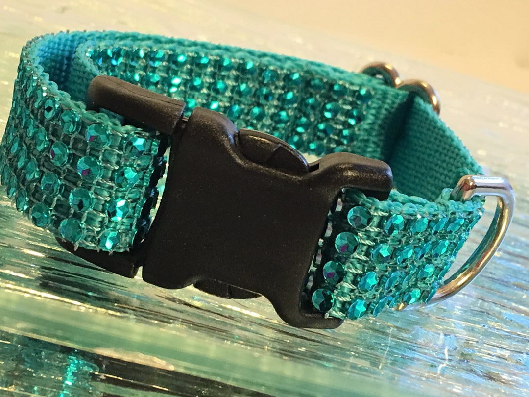 Turquoise Rhinestone BLING Dog Collar 1 Wide Teal Nylon Girl Boy