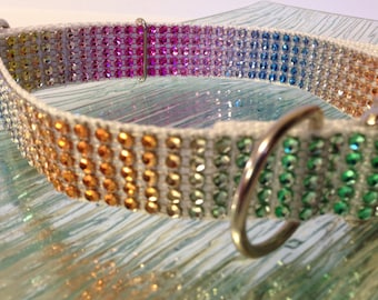 Rhinestones Rainbow Bling Dog Collar Puppy Small Large Fancy Sparkly Elegant Glam Diamond Crystal Nylon Rainbow