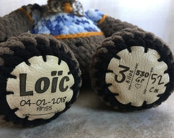 BIRTH LABELS, genuine leather or vegan leather, personalize a plush toy in birth pooch