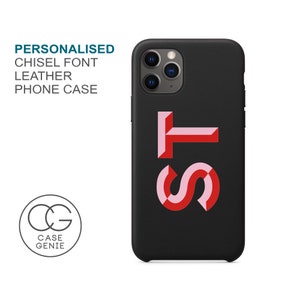 Black Leather iPhone 14 Pro Max Case Chisel Font Personalised Initials Mini 13 12 11 X Xs Xr SE 2020 8 7 Plus Monogram Custom PersonaliSed