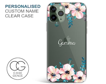 Personalised Floral Clear Phone Case for iPhone, iPhone 15 Pro Max Case, 14 13 12 11 Mini Plus Cell Cover Hybrid Tough Bumper Custom Flowers