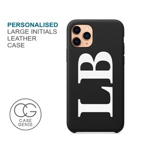 Black Leather iPhone 15 Pro Max Phone Case, Large Initials Personalised iPhone 14 Plus, 13, 12, 11, Mini Xr X Monogram Initial Personalized
