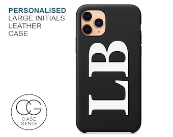 Black Leather iPhone 12 Pro Max Case Large Initials Personalised Mini 11 X Xs Xr 8 PLUS SE 2020 Monogram Initial Personalized Printed Cover