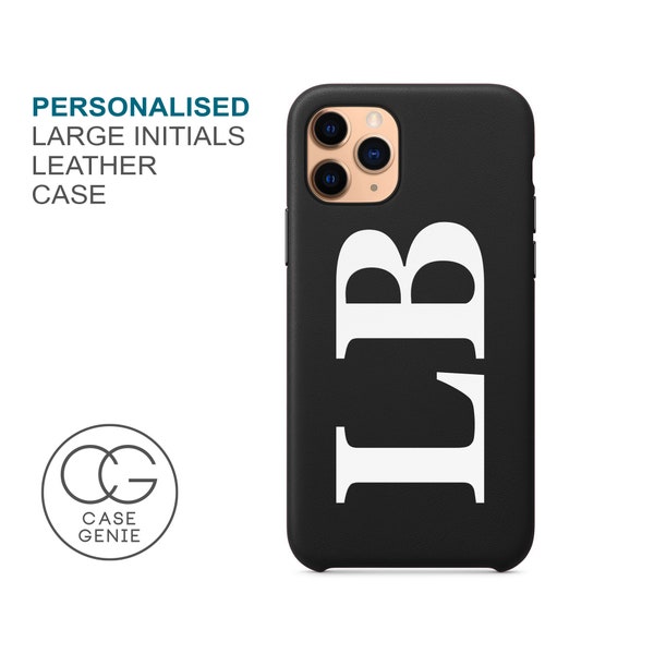 Black Leather iPhone 14 Pro Max Phone Case, Large Initials Personalised iPhone 14 Plus, 13, 12, 11, Mini Xr X Monogram Initial Personalised