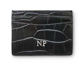 Embossed Mock Croc Leather Card Holder Black Initials Personalised Monogram