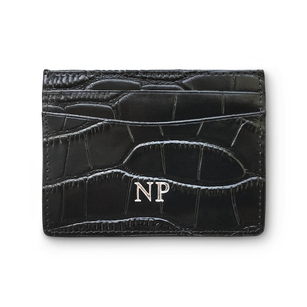 Embossed Mock Croc Leather Card Holder Black Initials Personalised Monogram