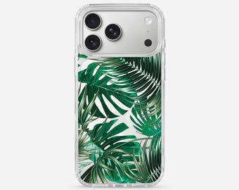May include: A clear smartphone case featuring a vibrant green tropical palm leaf pattern. The design displays overlapping monstera and palm fronds in various shades of green, covering the back of the device while leaving the camera lens area clear.