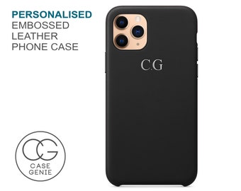 Black Leather iPhone 13 and 12 Pro Max Case Debossed Personalised Mini 11 X Xs Xr 8 PLUS SE 2020 Monogram Custom Embossed Personalized Phone