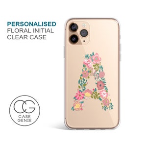 Personalised Floral Initial, iPhone 15 Clear Phone Case, iPhone 15 Pro Max and 14 13 12 11 Mini Plus Cell Cover TPU Hybrid Tough Bumper FL3