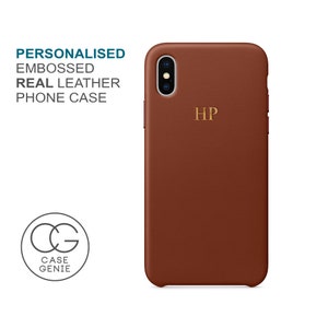 Genuine Leather Phone Case, Saddle Brown iPhone 15 Pro Max Case, Embossed 14 13 12 11 Mini X Xs Xr Plus, Initial Monogram, Hot Foil Stamp