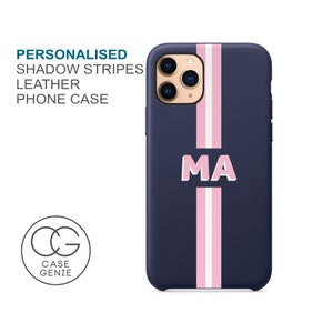 Navy Leather iPhone 12 Pro Max Case Shadow Text Stripe Personalised Initials 11 Mini X Xs Xr SE 2020 Monogram Initial Custom Personalized