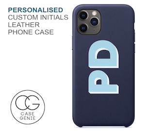 Navy Leather iPhone 12 Pro Max Case Printed Initials Personalised 11 Mini Xs Xr 8 PLUS SE Names Monogram Custom Personalized Shadow Text