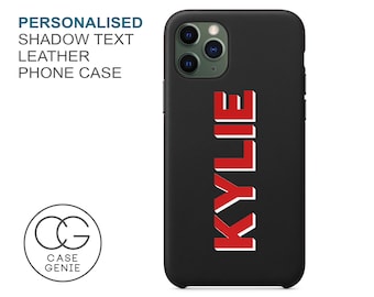 May include: Black leather phone case with the name "KYLIE" in red, shadow text. The phone case has a sleek design and features a camera cutout. The text "PERSONALISED SHADOW TEXT LEATHER PHONE CASE" is in the upper left corner.