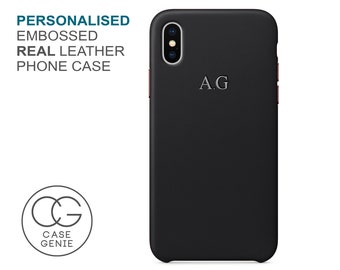 Real Leather Phone Case, Black iPhone 14 Pro Max Case, Embossed  13 12 11 Mini X Xs Xr 14 Plus Initial Monogram, Hot Foil Stamp