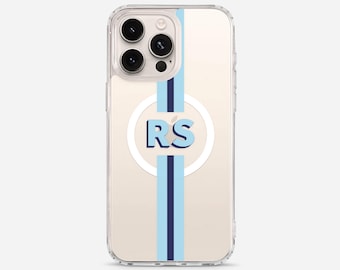 Personalised Clear iPhone Case: Initials, Tough Bumper, Transparent Shadow Text and Stripes, MagSafe Available