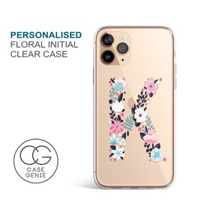 Personalised Large Floral Initial Clear Phone Case for iPhone 16 Pro Max and 15 14 13 12 Mini Plus Plus Cell Cover TPU Hybrid Bumper FL2