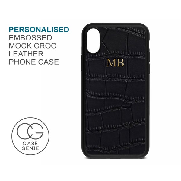 Croc Leather Phone Case, Black iPhone 15 Pro Max Case, Embossed 14 13 12 11 Mini X Xs Xr Plus Initial Monogram, Hot Foil Stamp