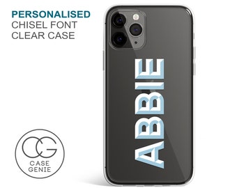 Personalised iPhone 15 Pro Max Chisel Font Case 14 13 12 11 X Plus Plus Cell Cover TPU Hybrid Tough Bumper Custom Phone Transparent