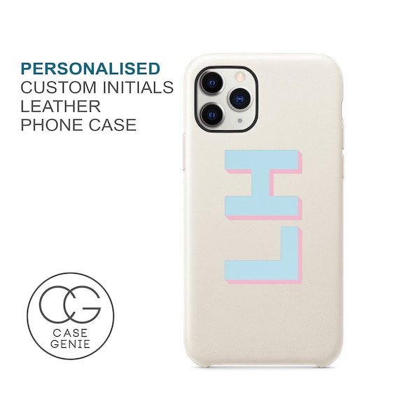 iPhone 13 Pro Max Case White PU Leather Printed Initials Personalised 12 11 X Xs Xr 8 7 SE 2020 Monogram Custom Personalized Shadow Text