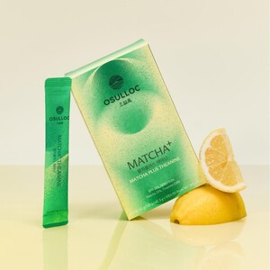 May include: A rectangular box and a single stick packet of Osulloc Matcha Plus Theanine green tea powder. The packaging features a green and yellow gradient design with the text "OSULLOC" and "MATCHA+ MATCHA PLUS THEANINE". A fresh lemon wedge and half a lemon sit beside the box.