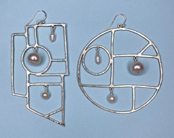 Asymmetrical Large Textured Frames # 1 - Pearls - Earrings - Sterling Silver