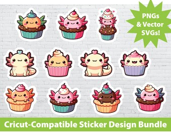 Cricut Print & Cut Sticker Design Set: Cupcake Axolotls Printable PNG SVG File Bundle Reptile Animals Cute Laptop Water Bottle Birthday