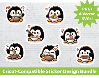 Cricut Print & Cut Sticker Design Set: Ramen Penguins Printable PNG SVG File Bundle Animals Cute Laptop Water Bottle Pho Asian Soup Food