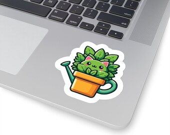 Printed Sticker 4 SIZES AVAILABLE: Cute Cat in a Potted Plant Kiss-Cut Sticker For Water Bottle - Skateboard - Snowboard - Starbucks Cup