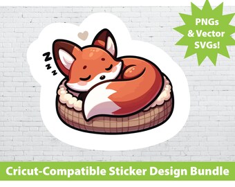 Cricut Print & Cut Sticker Design Set: Fox Sleeping in Cat Bed PNG SVG File Bundle Red Panda Anime Cartoon Cute Woodland Laptop Water Bottle