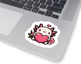 Printed Sticker 4 SIZES AVAILABLE: Valentine's Day Axolotl Kiss-Cut Sticker For Water Bottle - Skateboard - Snowboard - Starbucks Cup