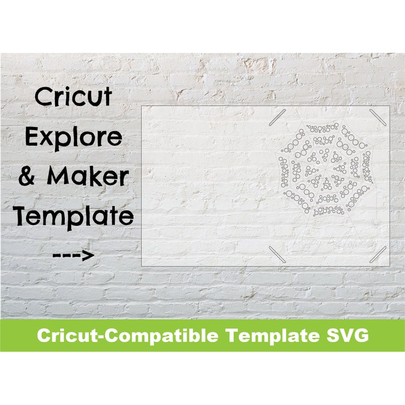 May include: A Cricut Explore & Maker template for a mandala design. The template is a black and white line drawing of a mandala with a circular pattern of dots and circles. The template is compatible with Cricut machines.