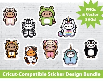 Cricut Print & Cut Sticker Design Set: Cats in Onesie Pajamas Printable PNG SVG File Bundle Sublimation Cute Laptop Water Bottle