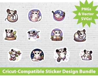 Cricut Print & Cut Sticker Design Set: Sugar Gliders Printable PNG SVG File Bundle Exotic Baby Pet Animals Cute Laptop Water Bottle