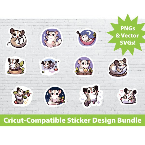 Cricut Print & Cut Sticker Design Set: Sugar Gliders Printable PNG SVG File Bundle Exotic Baby Pet Animals Cute Laptop Water Bottle