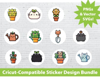 Cricut Print & Cut Sticker Design Set: Cat Plant Pet Printable Instant Download PNG SVG File Bundle Funny Animals Cute Laptop Water Bottles