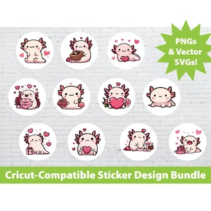 Conjunto de design de adesivos para impressão e corte Cricut: Presente de Dia dos Namorados Axolotls para impressão PNG SVG Pacote de arquivos Répteis Animais Bonitos Garrafa de água para laptop