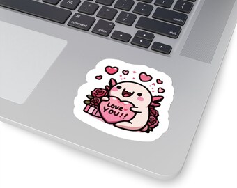 Printed Sticker 4 SIZES AVAILABLE: Valentine's Day Axolotl Kiss-Cut Sticker For Water Bottle - Skateboard - Snowboard - Starbucks Cup
