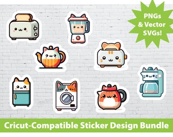 Cricut Print & Cut Sticker Design Set: Cat Appliances Printable Instant Download PNG SVG File Bundle Funny Animals Cute Laptop Water Bottles