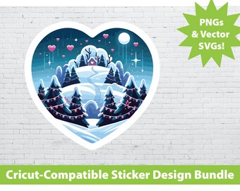 Cricut Print & Cut Sticker Design Set: Snowy Valentine's Day Gift PNG SVG File Bundle Snowmageddon Mountains Cottagecore Laptop Water Bottle