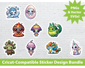 Cricut Print & Cut Sticker Design Set: Fantasy Aliens Printable PNG SVG File Bundle Animals Cute Laptop Bottle Mythical Sci-Fi Elements