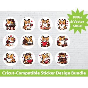 Cricut Print & Cut Aufkleber Design Set: Valentinstag Geschenk Corgis Welpen Hunde Druckbare PNG SVG Datei Bundle Tiere Süß Laptop Wasserflasche