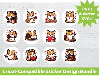 Cricut Print & Cut Sticker Design Set: Valentine's Day Gift Corgi Puppy Dogs Printable PNG SVG File Bundle Animals Cute Laptop Water Bottle